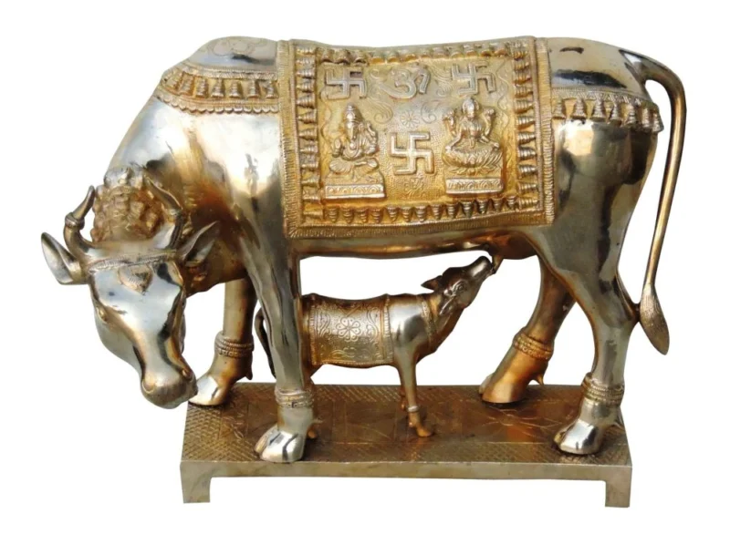 Brass Cow with Calf Showpiece, 13 inch, 12.14 kg – for Living Room and Entrance