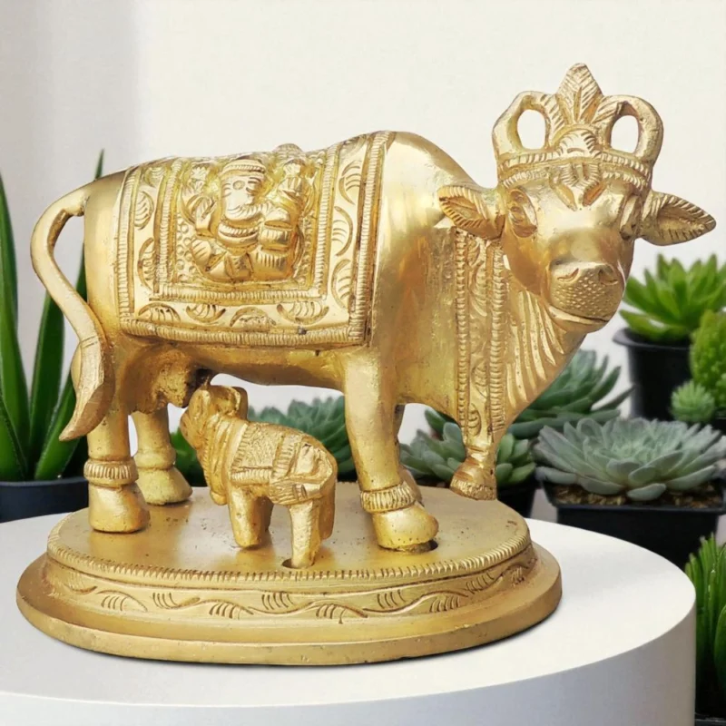 Brass Cow with Calf Showpiece, 3 inch, 880 g – for Table Décor