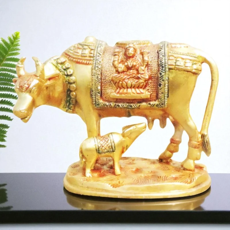 Brass Cow with Calf Showpiece, 4 inch, 1.53 kg – for Table Décor