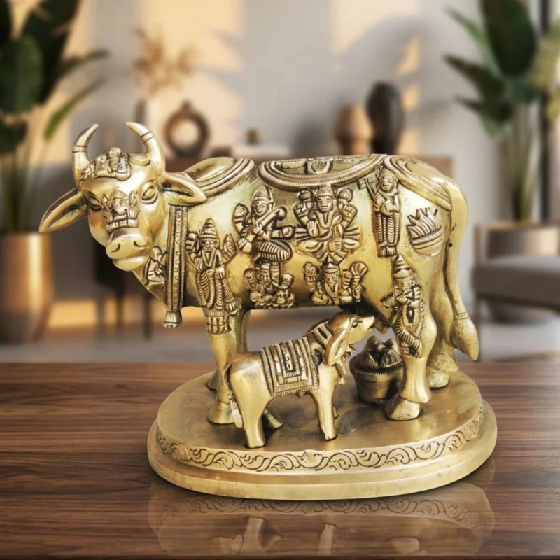 Brass Cow with Calf Showpiece, 5.2 inch – for Table Décor