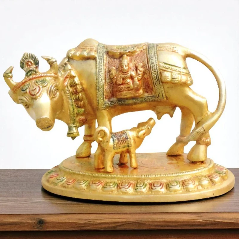Brass Cow with Calf Showpiece, 4.8 inch – for Table Décor