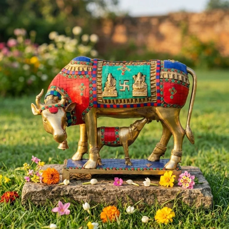 Brass Cow with Calf Showpiece, 13 inch, 13.44 kg – for Living Room and Entrance