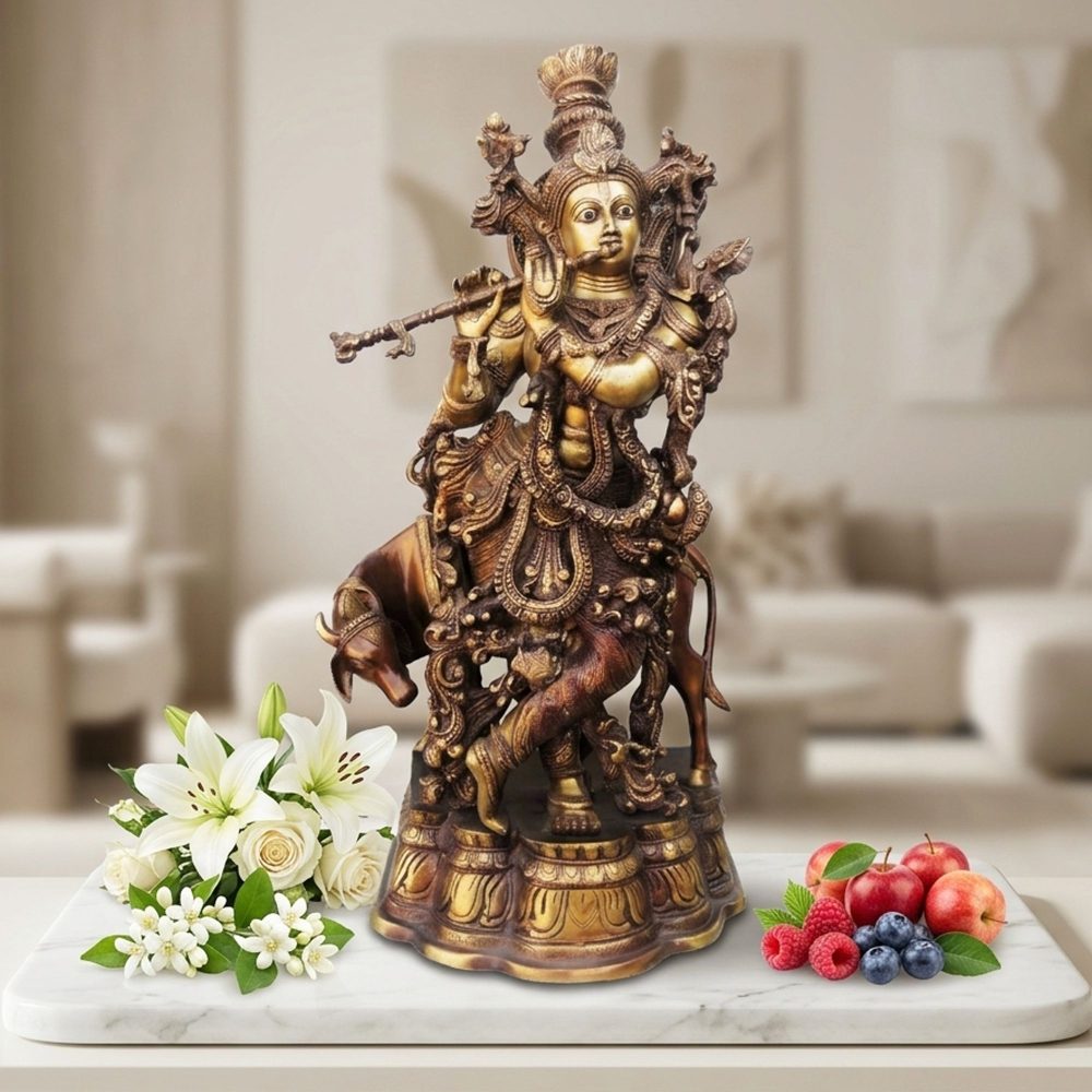 Krishna Ji with Flute Idol in Brass, 26 inch, brass, Vedikcraft Moradabad