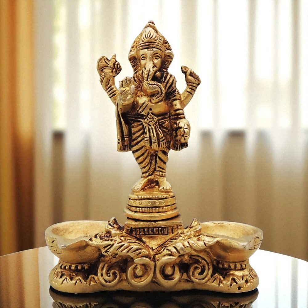 Brass Ganesh Stand Diya (Deepak), 5.5 inch, brass, Vedikcraft Moradabad