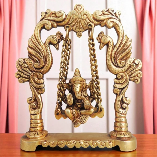 Ganesh Ji Idol in Brass, on Jhula, 6.5 inch, brass, Vedikcraft Moradabad