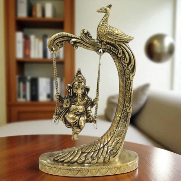 Ganesh Ji Idol in Brass, on Jhula, 9.5 inch, 1.74 kg, brass, Vedikcraft Moradabad