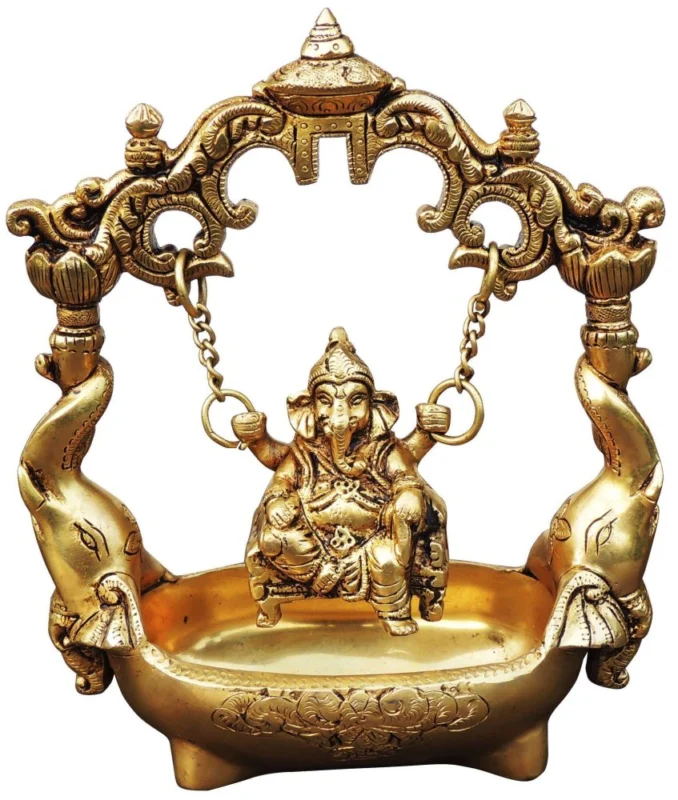 Ganesh Ji Idol in Brass, on Jhula, 8.6 inch