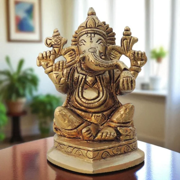 Ganesh Ji Idol in Brass, 4 inch, 640 g, brass, Vedikcraft Moradabad