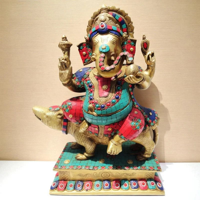 Ganesh Ji Idol in Brass, Seated (Rat), 18 inch – for Temple and Entrance