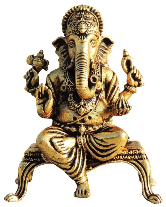 Ganesh Ji Idol in Brass, with Chowki, 3.2 inch