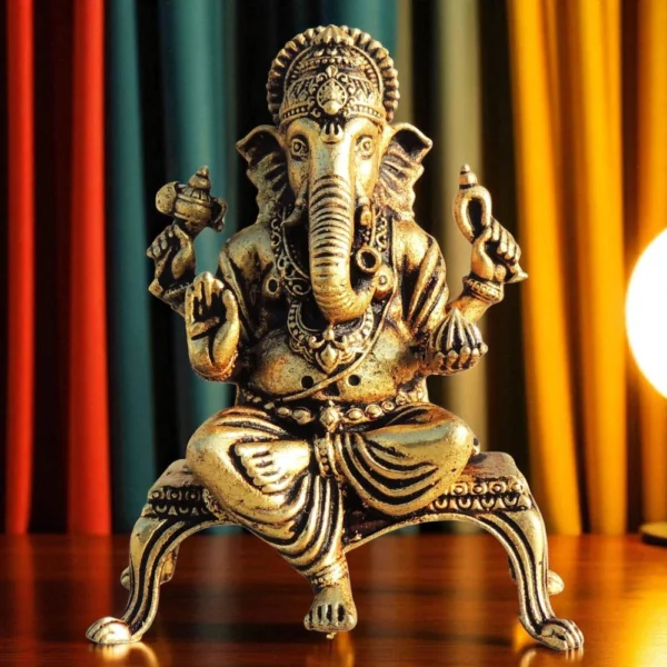 Ganesh Ji Idol in Brass, with Chowki, 3.2 inch, brass, Vedikcraft Moradabad