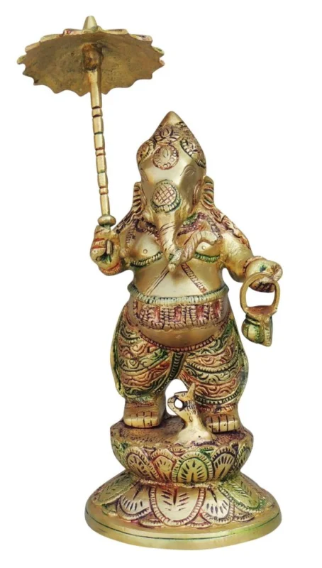 Ganesh Ji Idol in Brass, with Umbrella, 11.5 inch