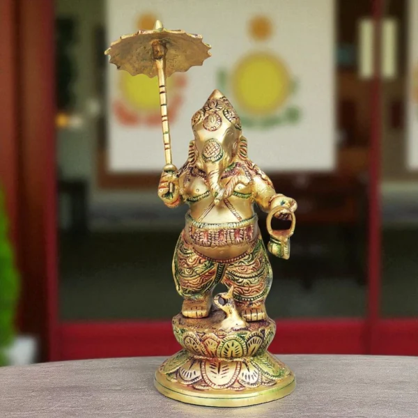 Ganesh Ji Idol in Brass, with Umbrella, 11.5 inch, brass, Vedikcraft Moradabad