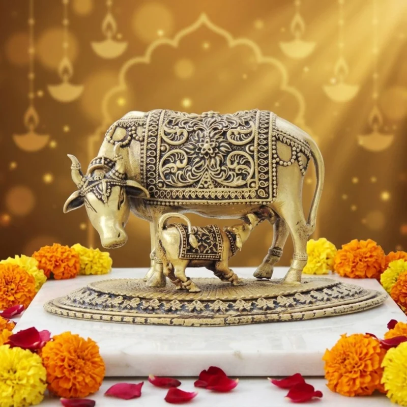 Brass Cow Showpiece (Gaye Bachadha), 3.5 inch – for Table Décor