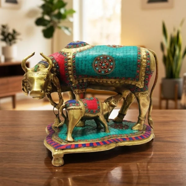 Brass Cow Showpiece (Gaye Bachadha Big), 13.5 inch, brass, Vedikcraft Moradabad