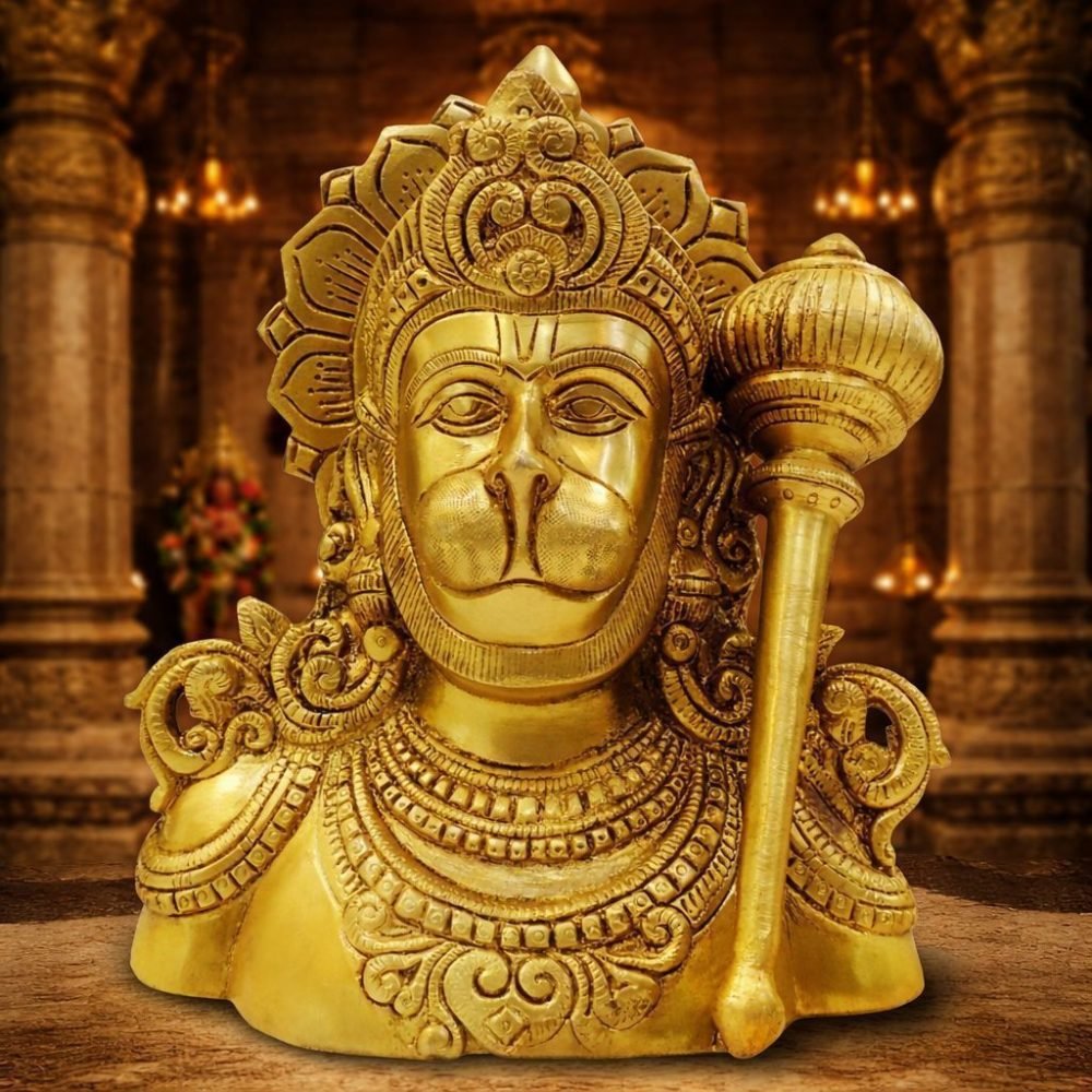 Hanuman Ji Idol in Brass, Bust (Face), 8 inch, brass, Vedikcraft Moradabad