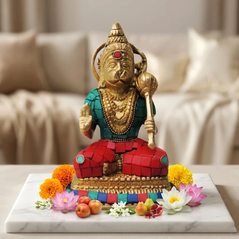 Hanuman Ji Idol in Brass (Turquoise Coral), 6.5 inch – for Home Mandir