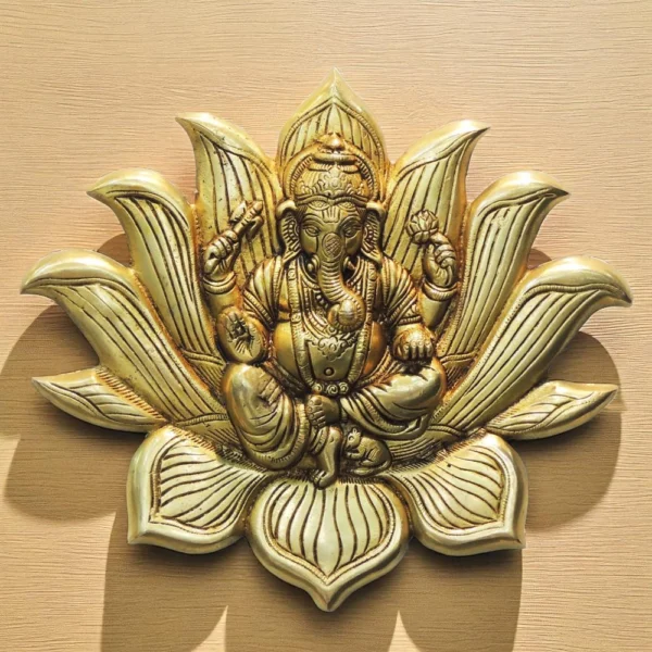 Ganesh Ji Idol in Brass, on Lotus, 9.5 inch, brass, Vedikcraft Moradabad