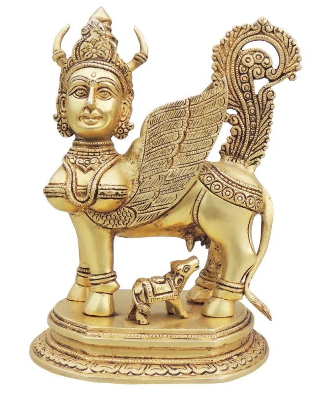 Brass Kamdhenu Cow Showpiece, 10 inch