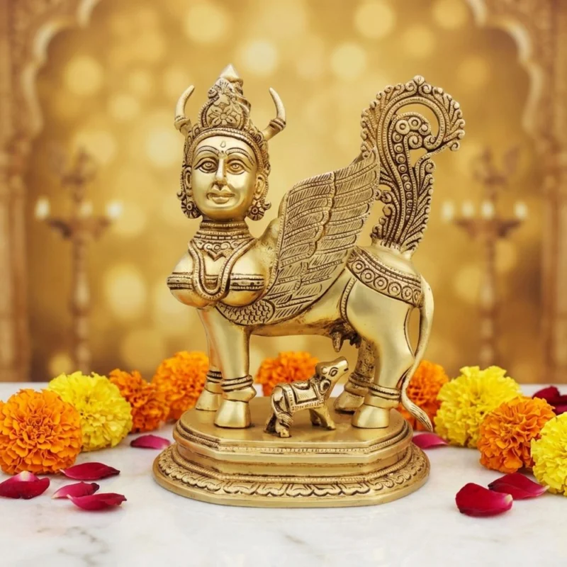 Brass Kamdhenu Cow Showpiece, 10 inch – for Table Décor