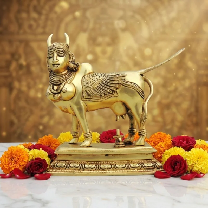 Brass Kamdhenu Cow Showpiece, 7.5 inch – for Table Décor