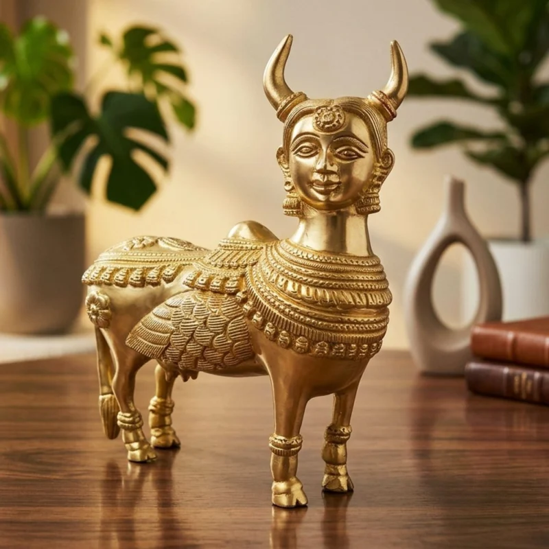 Brass Kamdhenu Cow Showpiece, 8 inch – for Table Décor