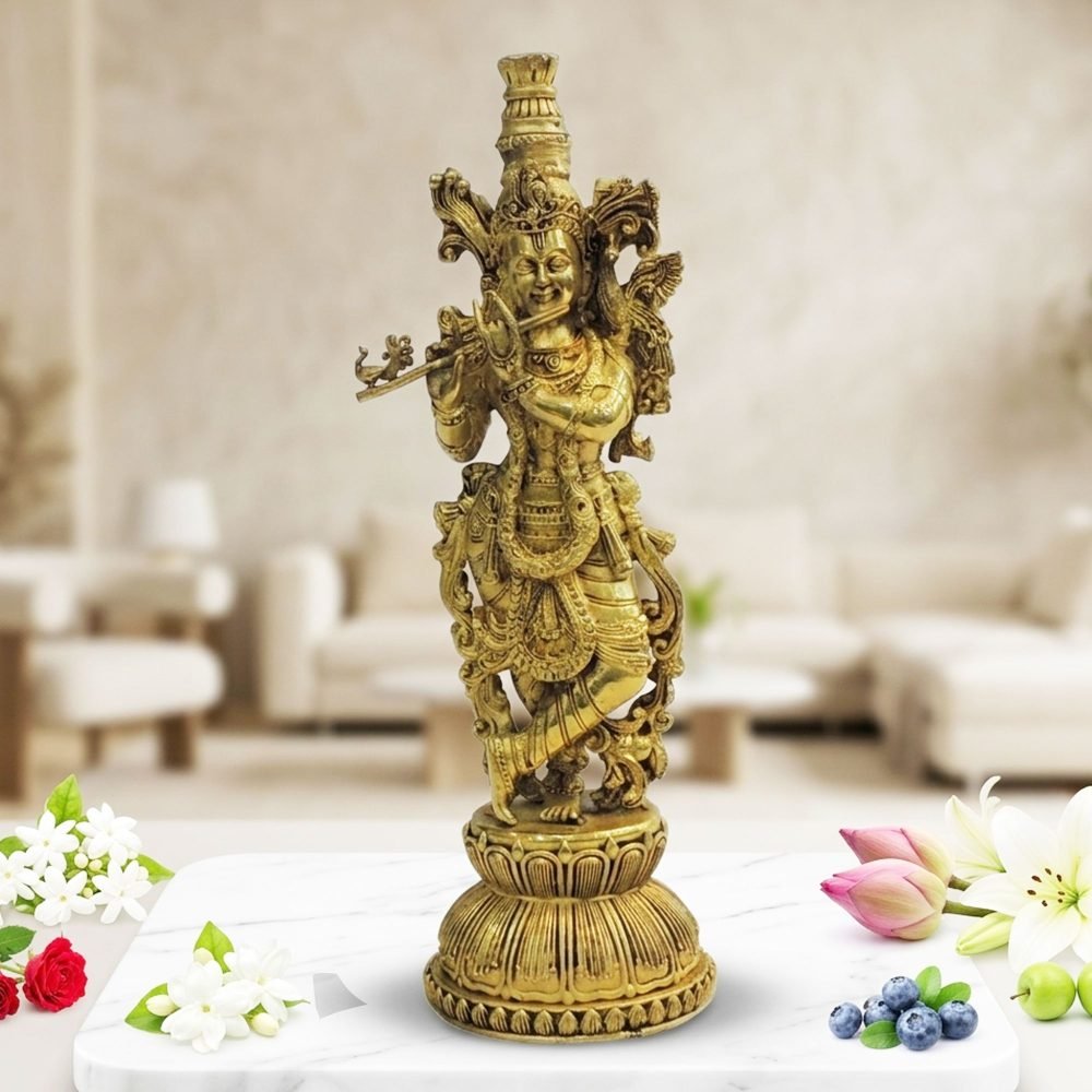 Krishna Ji with Flute Idol in Brass, 11 inch, brass, Vedikcraft Moradabad