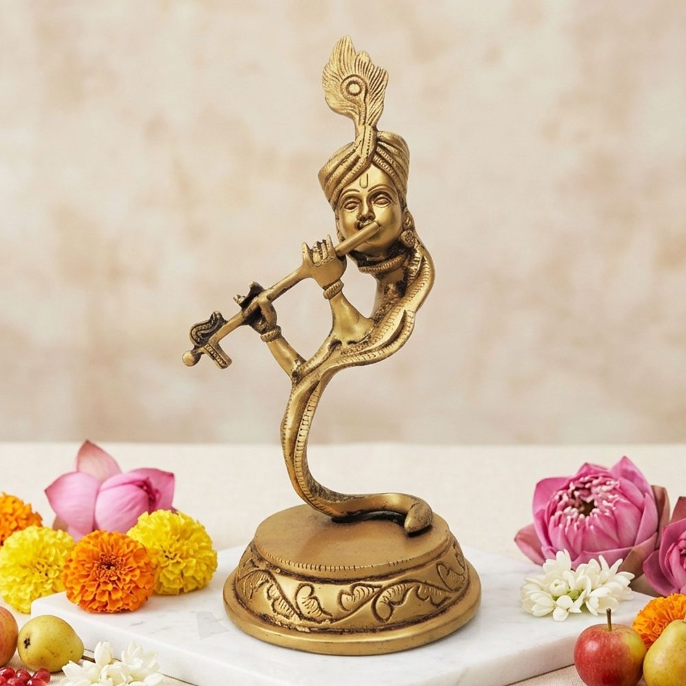 Krishna Ji with Flute Idol in Brass, 9 inch, brass, Vedikcraft Moradabad