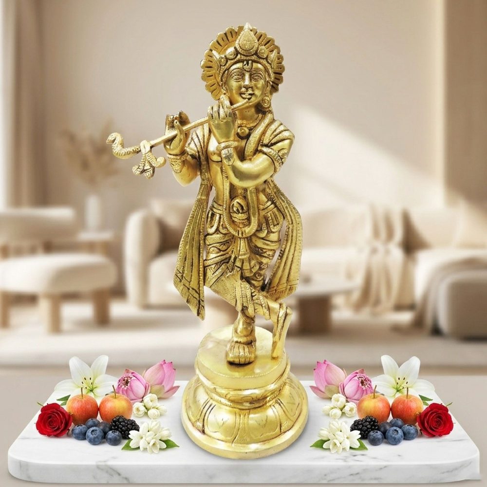 Krishna Ji with Flute Idol in Brass, 11.5 inch, brass, Vedikcraft Moradabad