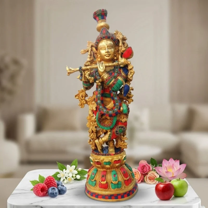 Krishna Ji with Flute Idol in Brass, 20.7 inch – for Temple and Entrance