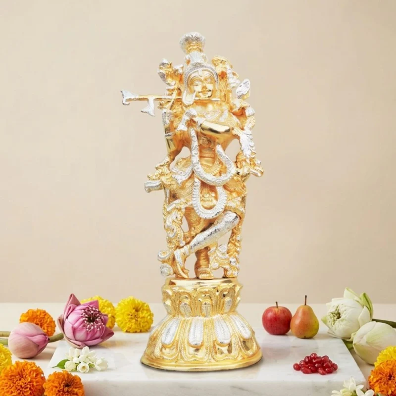 Krishna Ji with Flute Idol in Brass (Two Tone), 17.5 inch – for Temple and Entrance
