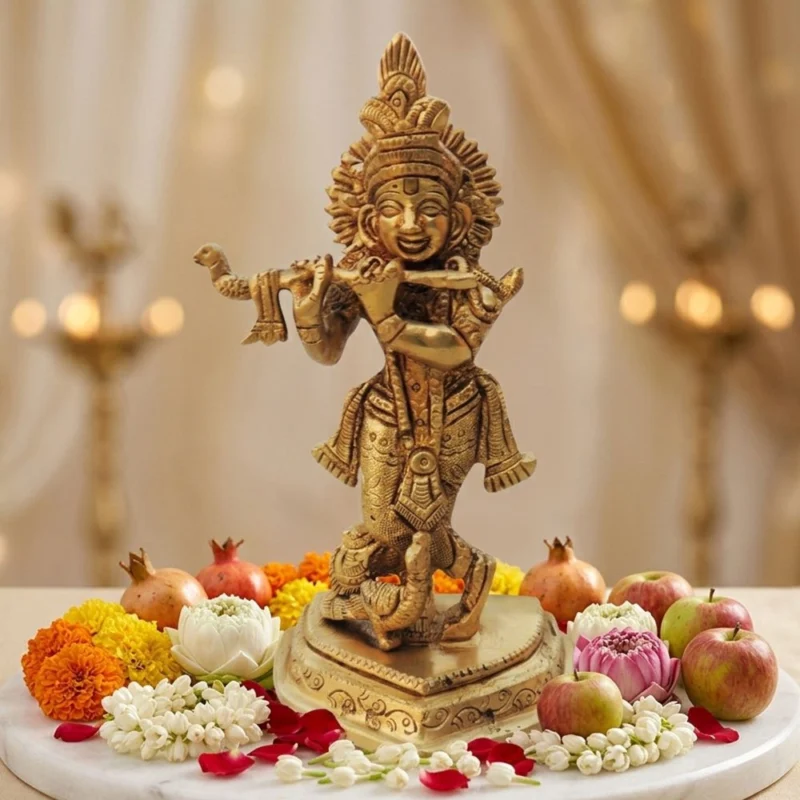 Krishna Ji with Flute Idol in Brass, 6 inch, 700 g – for Home Mandir