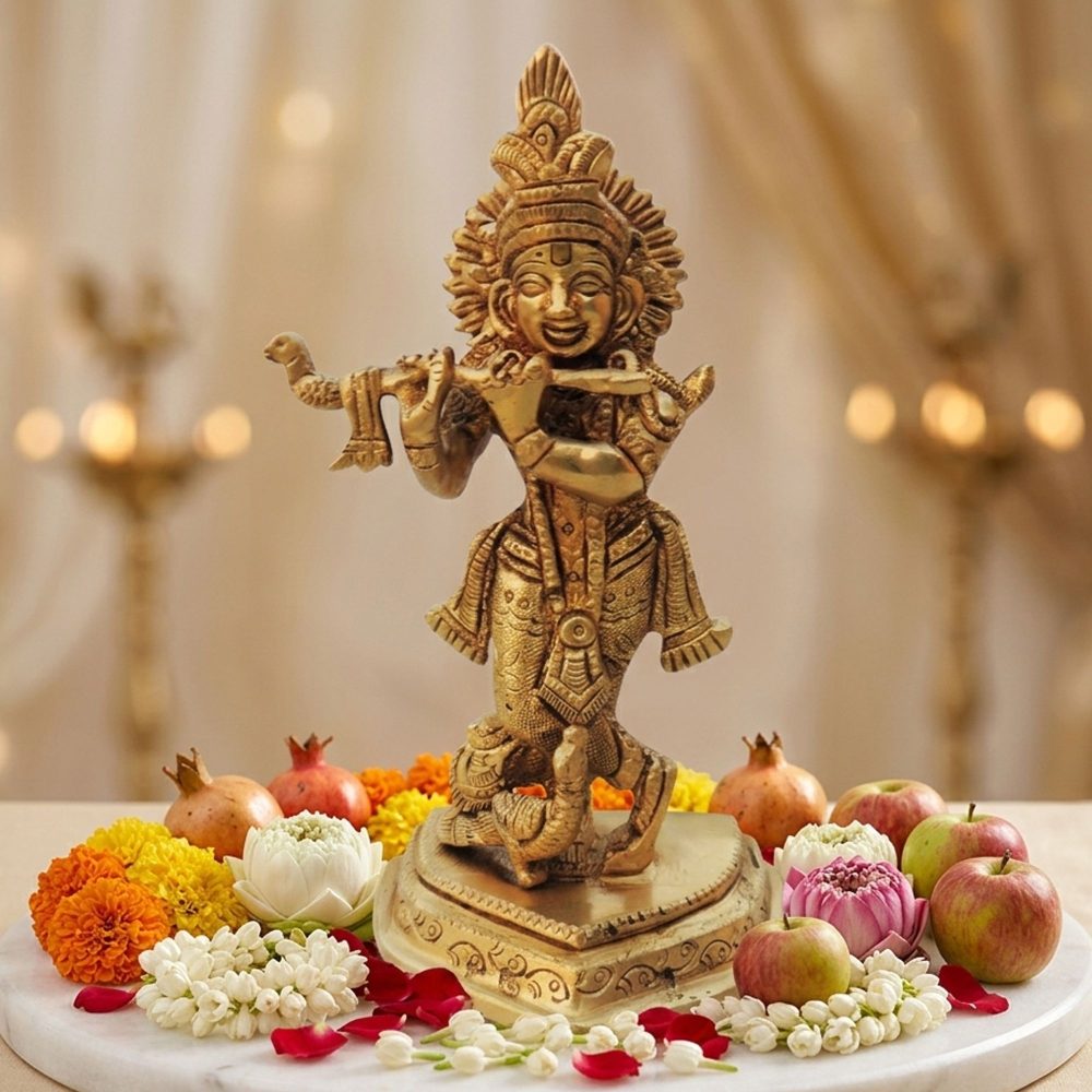 Krishna Ji with Flute Idol in Brass, 6 inch, brass, Vedikcraft Moradabad