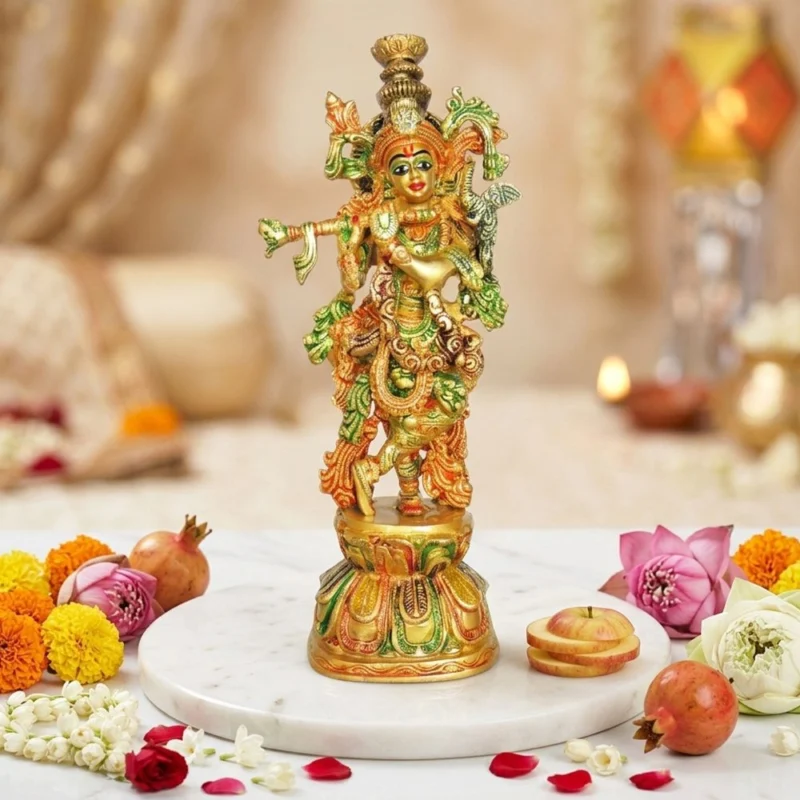 Krishna Ji with Flute Idol in Brass, 12.5 inch, 3.38 kg – for Pooja Room