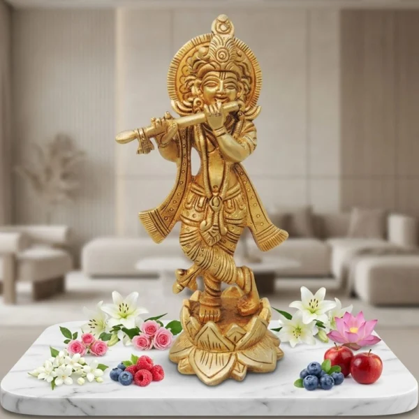 Krishna Ji with Flute Idol in Brass, 7 inch, brass, Vedikcraft Moradabad