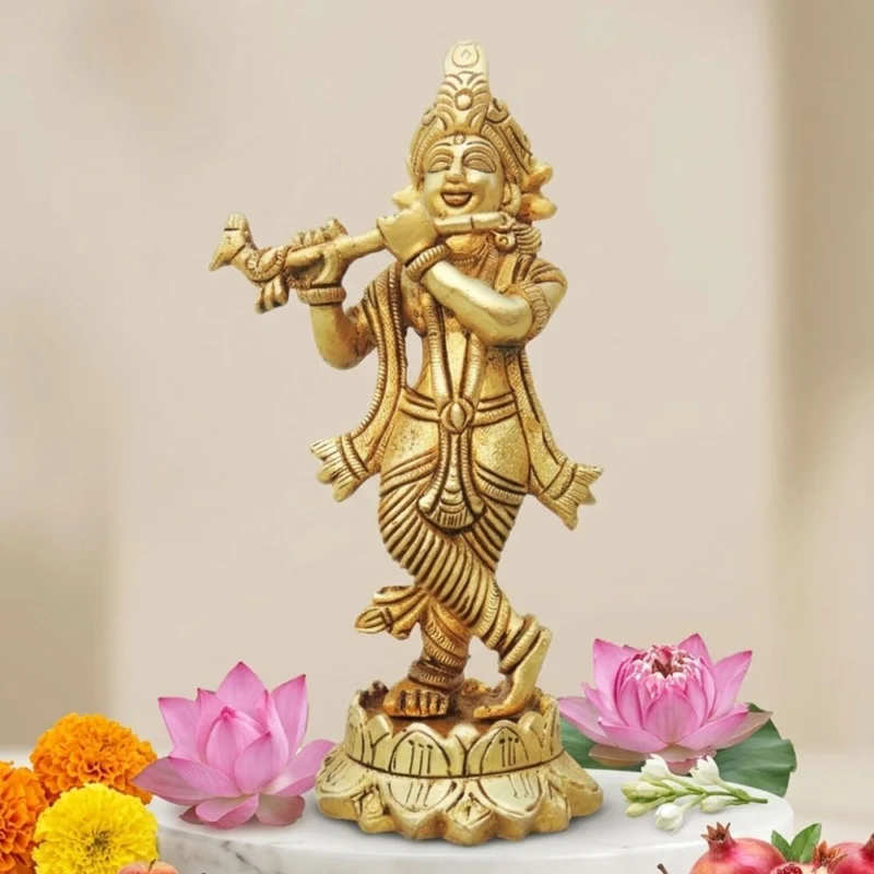 Krishna Ji with Flute Idol in Brass, 0.5 inch – for Desk and Car
