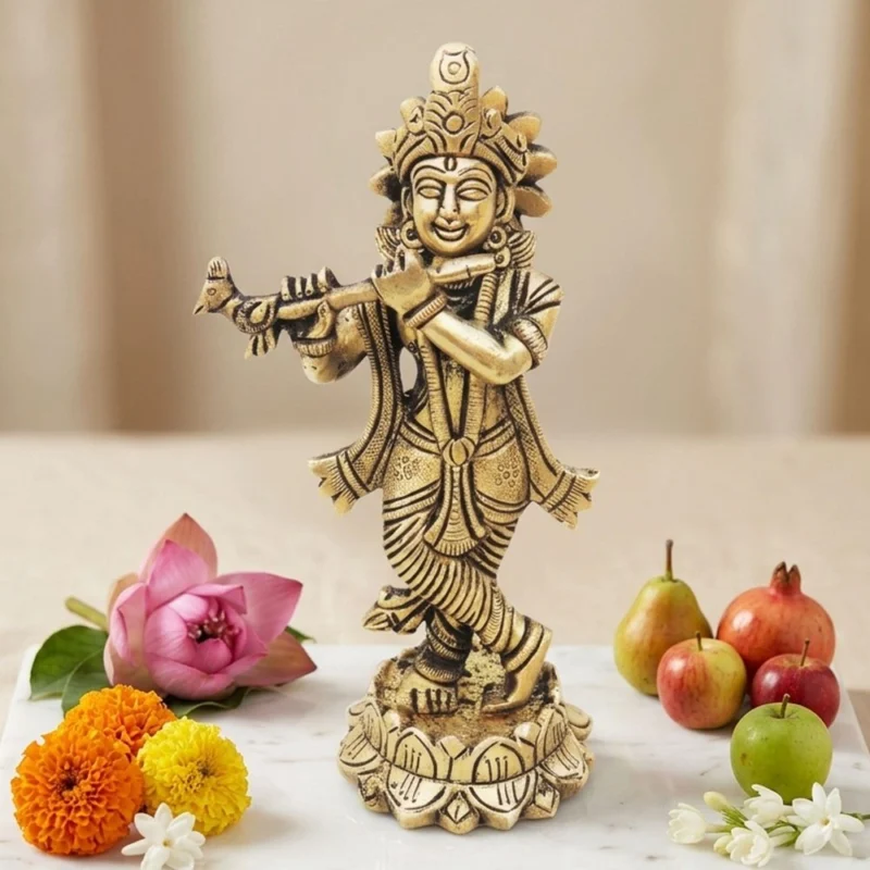 Krishna Ji with Flute Idol in Brass, 5.2 inch – for Home Mandir
