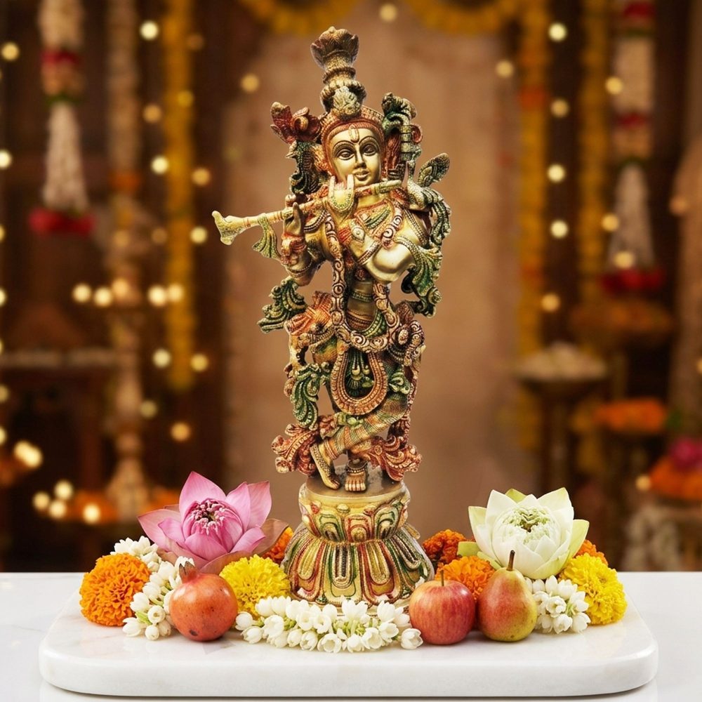 Krishna Ji with Flute Idol in Brass, 20 inch, brass, Vedikcraft Moradabad