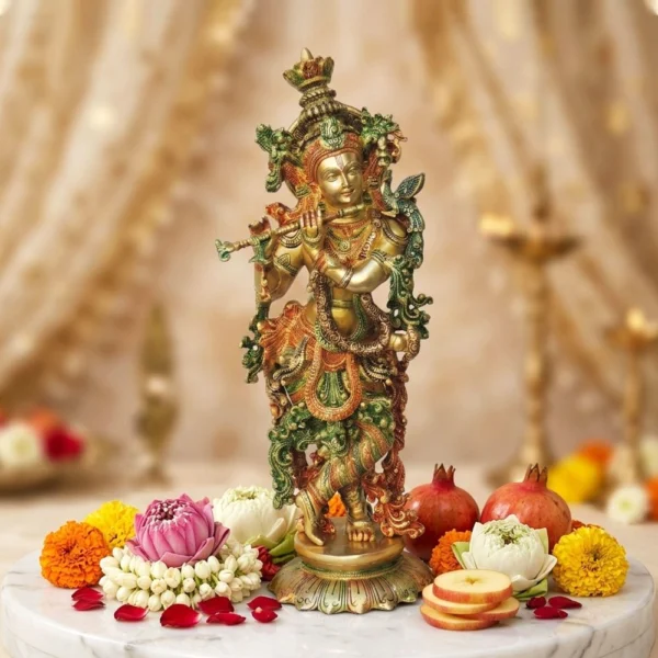 Krishna Ji with Flute Idol in Brass, 25.5 inch, brass, Vedikcraft Moradabad