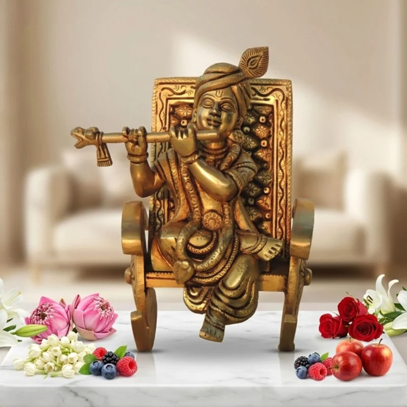 Krishna Ji with Flute Idol in Brass (Chair), 6 inch – for Home Mandir