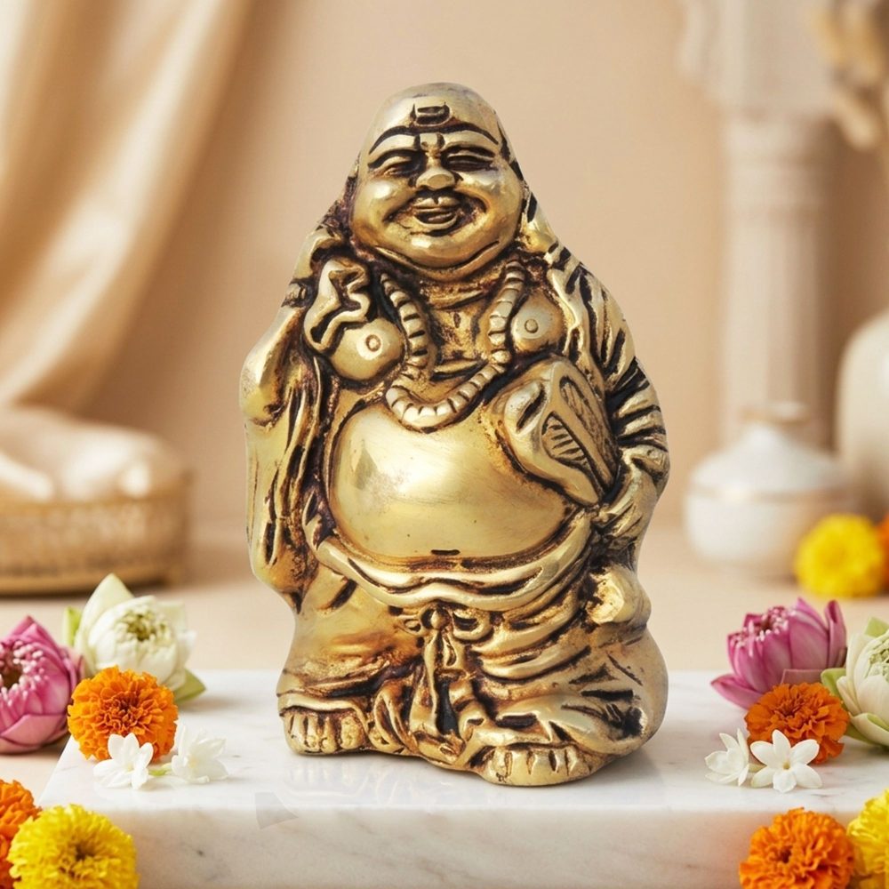 Buddha Idol in Brass (Laughing), 4.2 inch, brass, Vedikcraft Moradabad