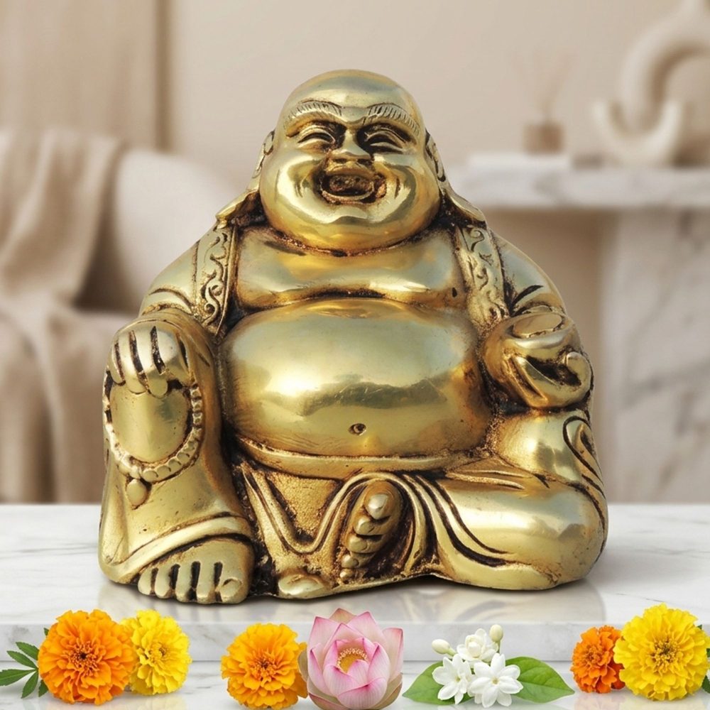 Buddha Idol in Brass (Laughing), 4.2 inch, brass, Vedikcraft Moradabad