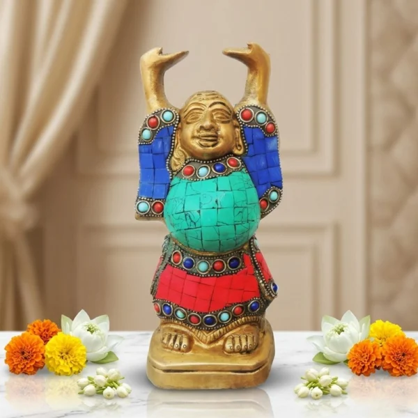 Buddha Idol in Brass (Laughing Turquoise Coral), 8 inch, brass, Vedikcraft Moradabad