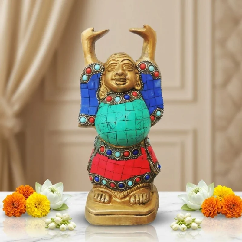 Buddha Idol in Brass (Laughing Turquoise Coral), 8 inch – for Pooja Room