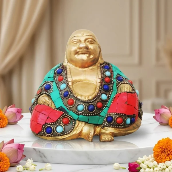 Buddha Idol in Brass (Laughing Turquoise Coral), 4 inch, brass, Vedikcraft Moradabad
