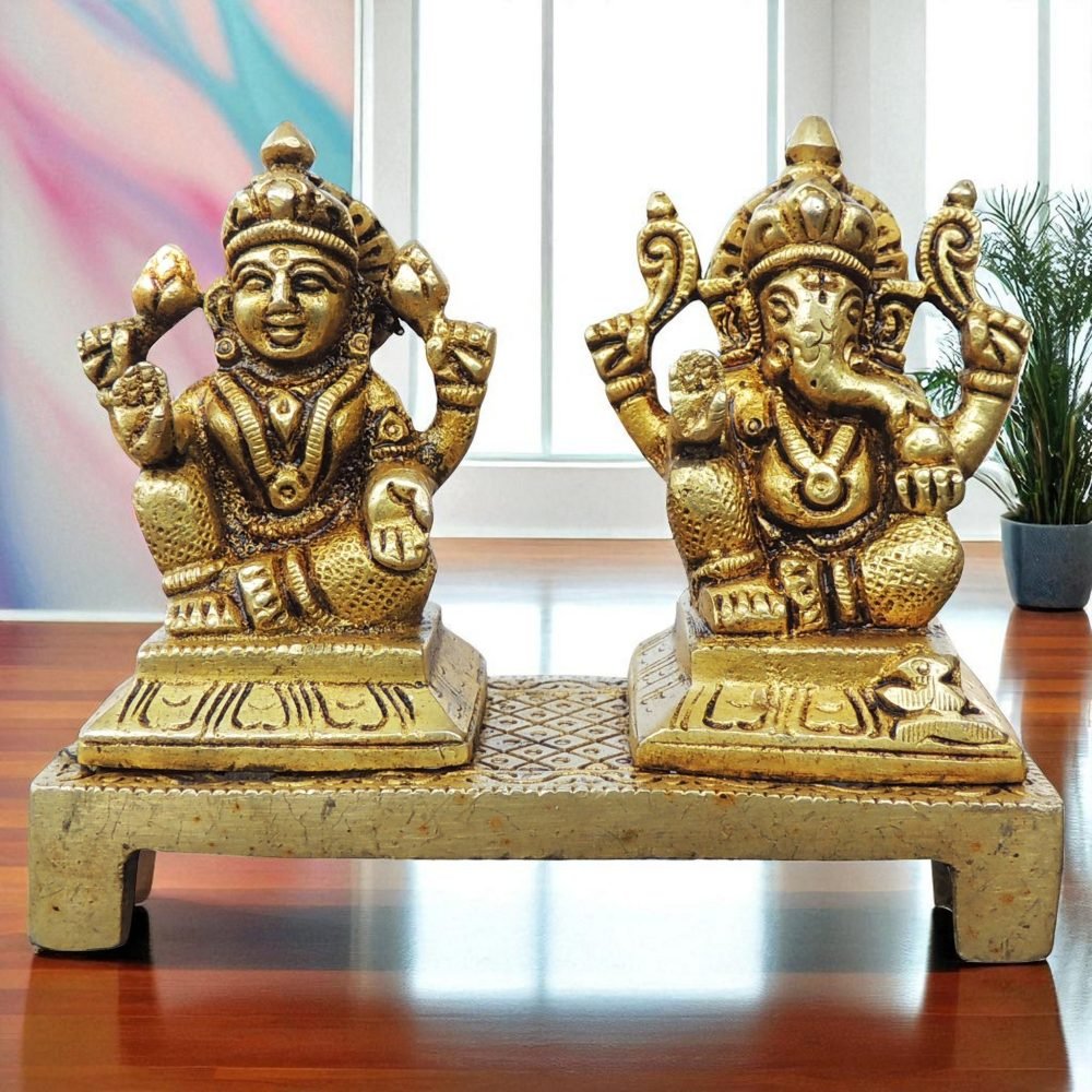 Laxmi Ganesh Murti Pair in Brass, 3.5 inch, brass, Vedikcraft Moradabad