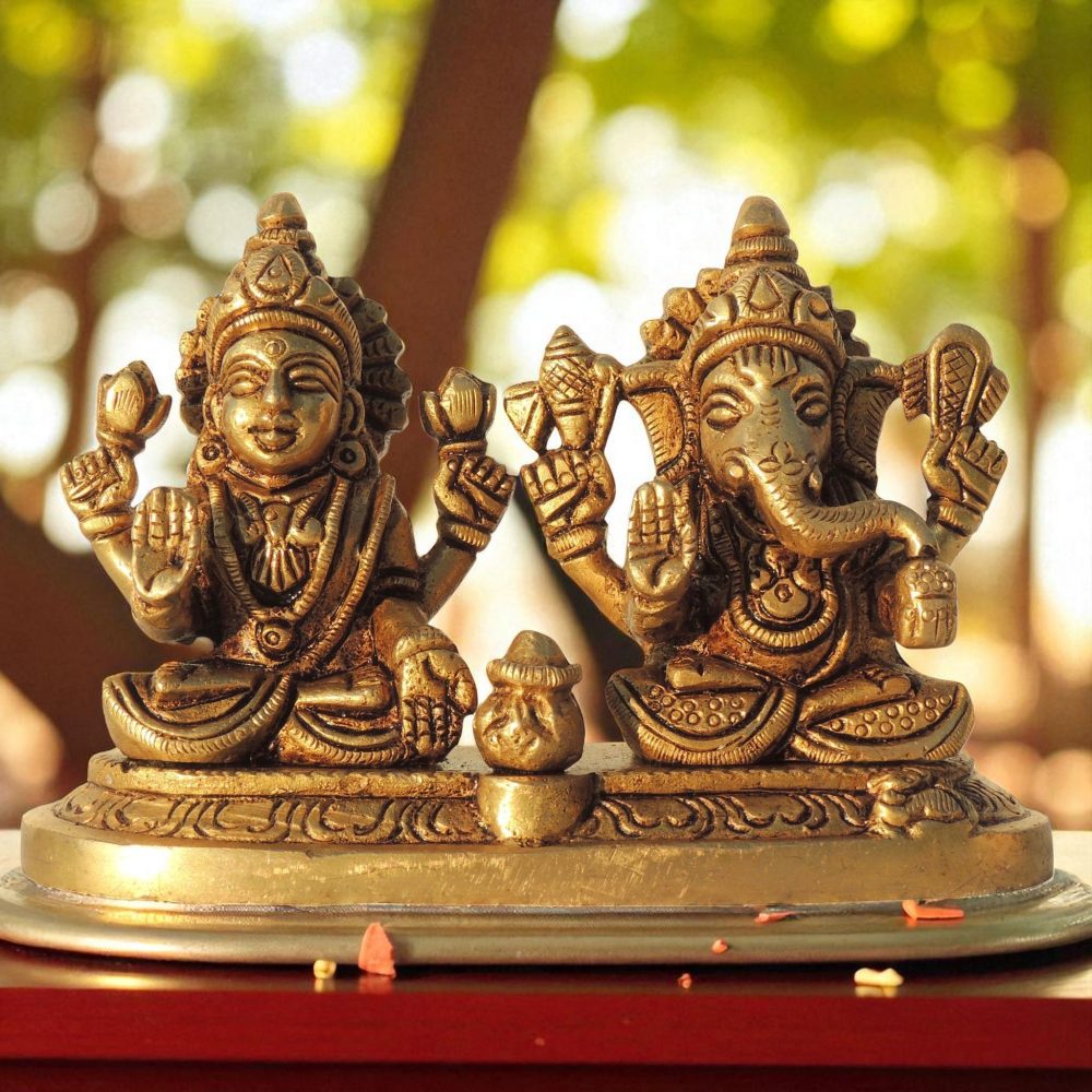 Laxmi Ganesh Murti Pair in Brass, 3.5 inch, brass, Vedikcraft Moradabad