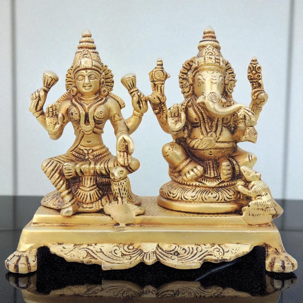 Laxmi Ganesh Murti Pair in Brass, 6 inch, brass, Vedikcraft Moradabad