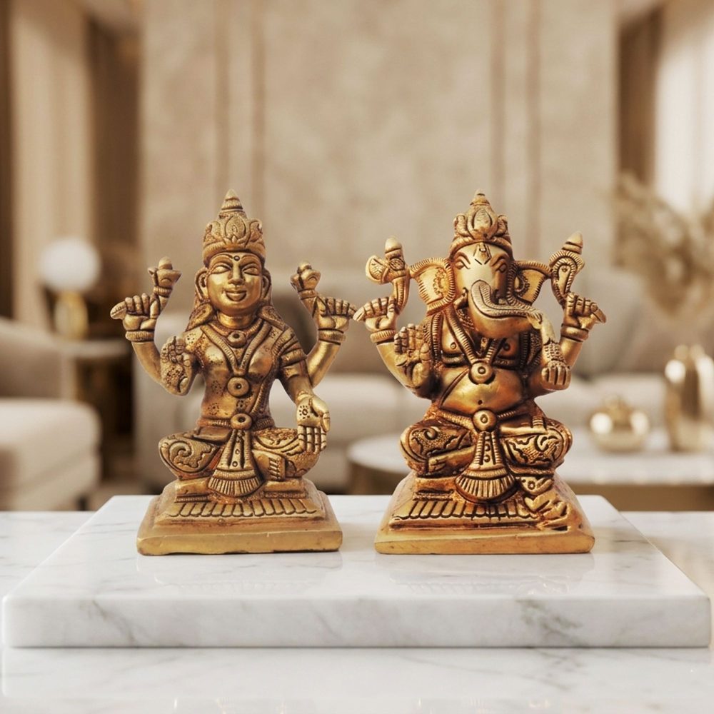 Laxmi Ganesh Murti Pair in Brass, brass, Vedikcraft Moradabad