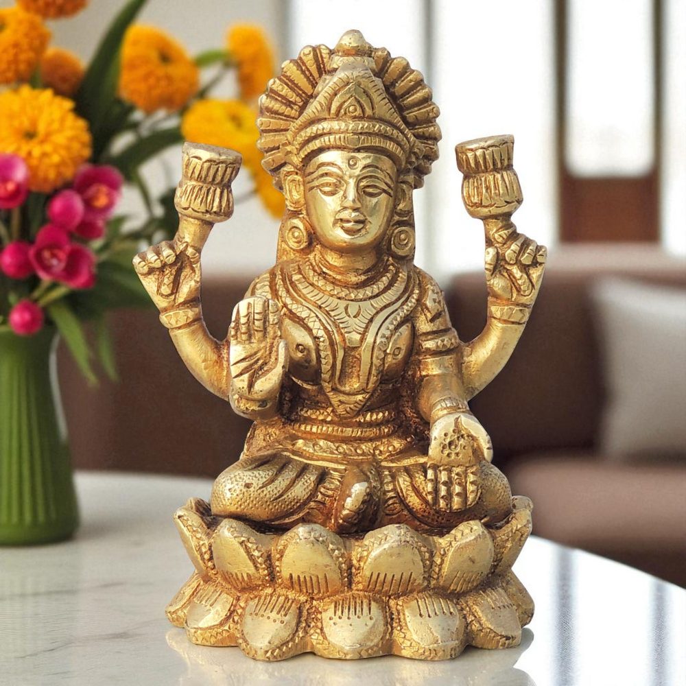 Lakshmi Ji Idol in Brass (Laxmi), 4 inch, brass, Vedikcraft Moradabad
